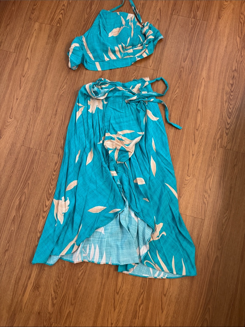 Turquoise Floral Two-Piece Wrap Skirt Set